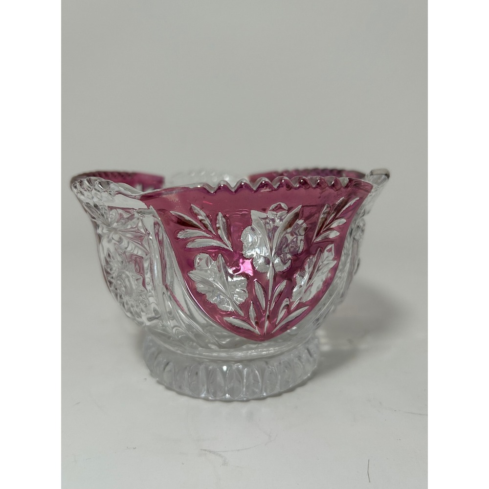 Vintage Cranberry Flash Pressed Glass Bowl Intaglio Floral Scalloped SawtoothRim - Picture 5 of 7